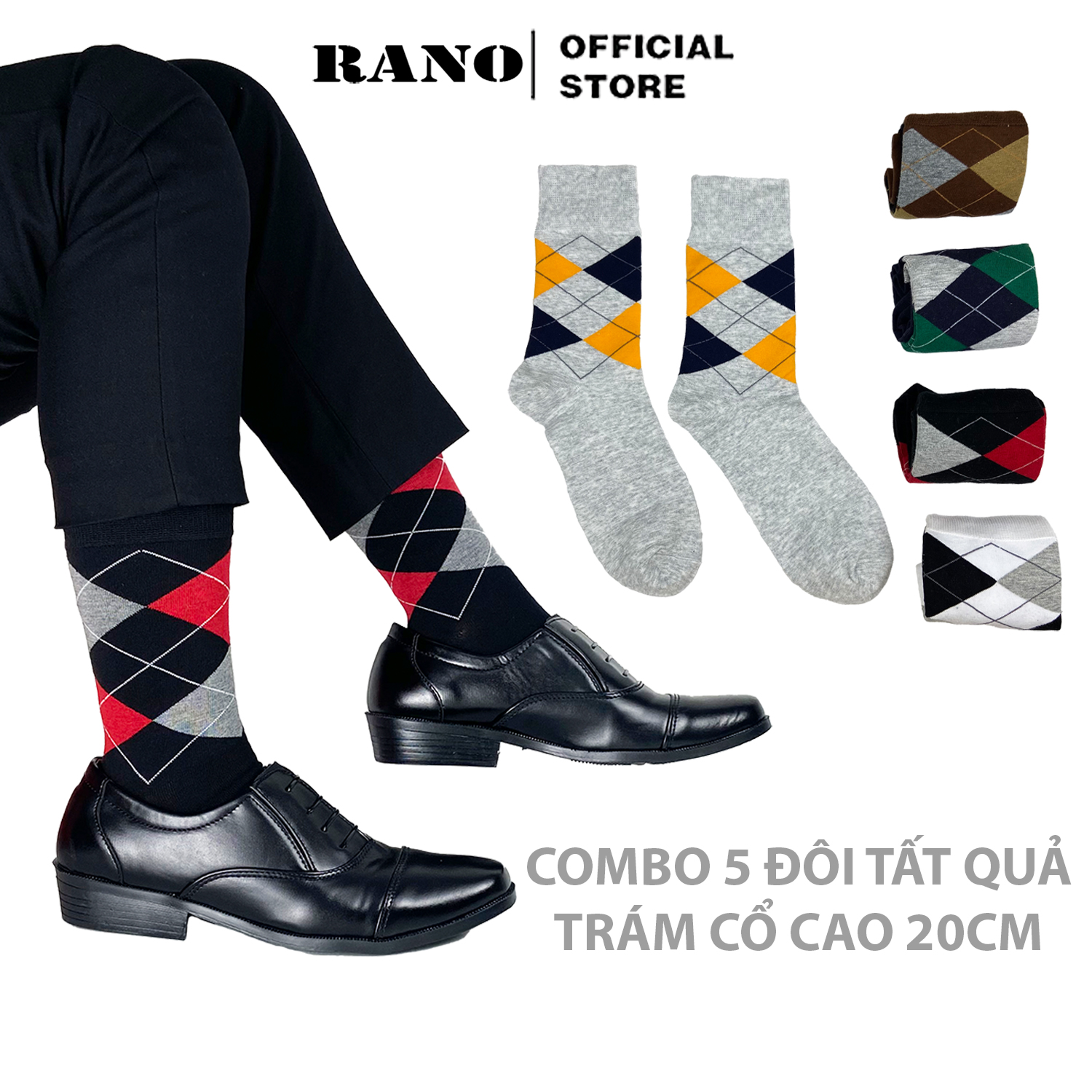 [COMBO 5 ĐÔI] Tất chân nam công sở cổ cao họa tiết quả trám dày đi giày tay cao cấp hàng hiệu cotton chống hôi chân Rano