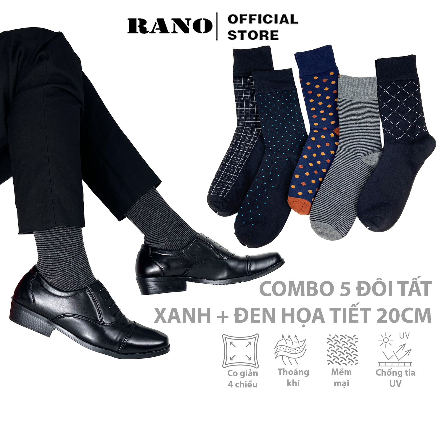 Combo 5 Đôi Tất cổ cao văn phòng mang giày tây cao cấp họa tiết RANO chất liệu cotton hút mồ hôi co giãn 4 chiều CB5D
