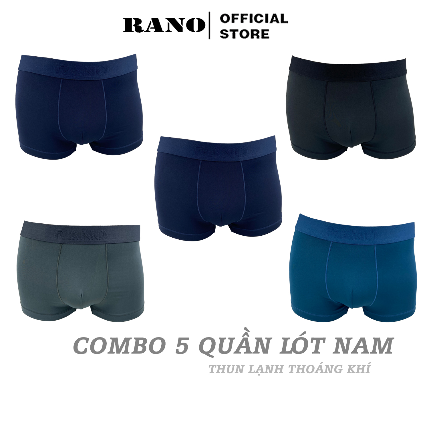 Combo 5 quần lót nam đùi boxer RANO vải thun lạnh mềm mại cao cấp co dãn 4 chiều thoáng khí cạp lưng to 3.5cm RN034