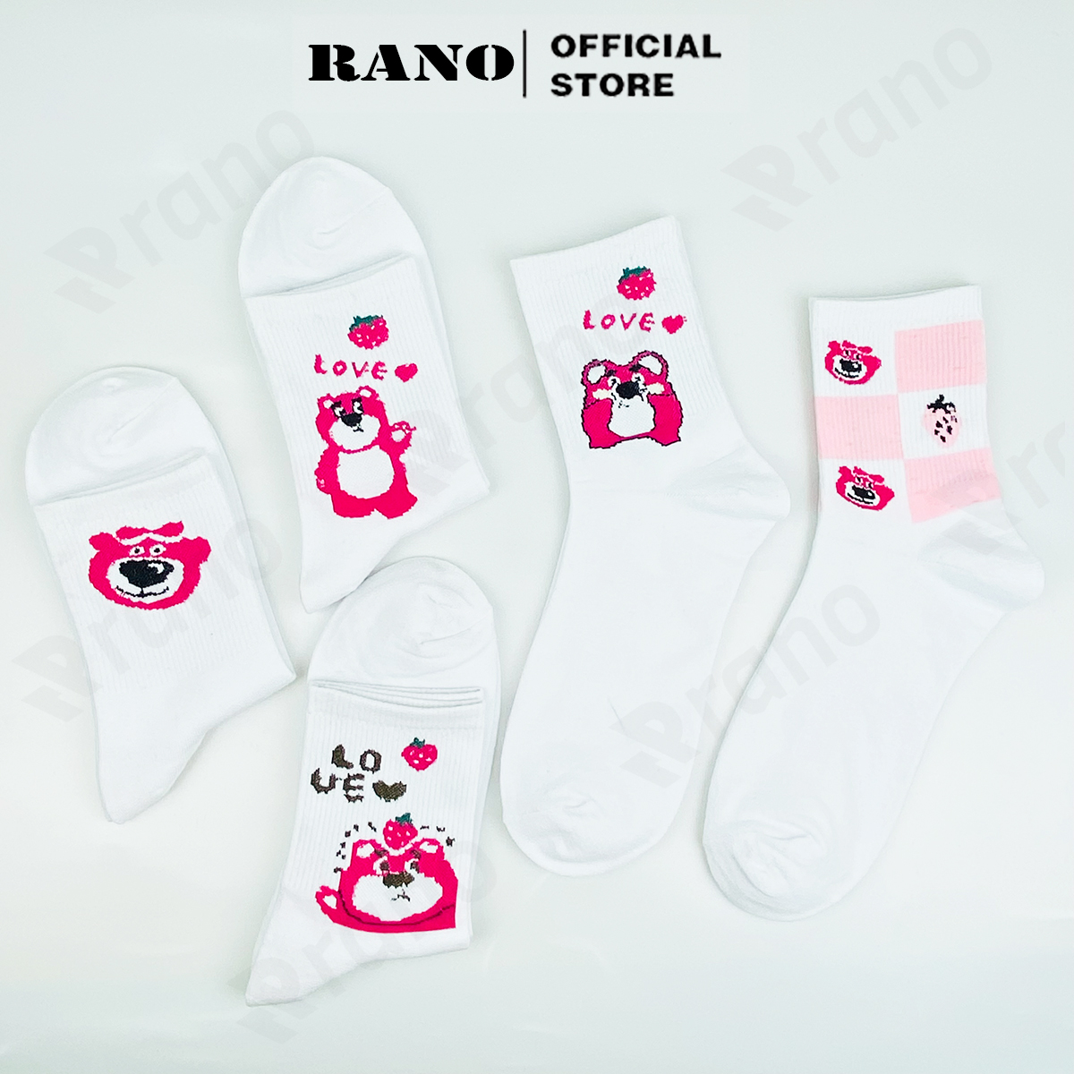Tất nữ cổ cao họa tiết gấu dâu tây hồng RANO cotton màu trắng dễ thương hàn quốc đáng yêu