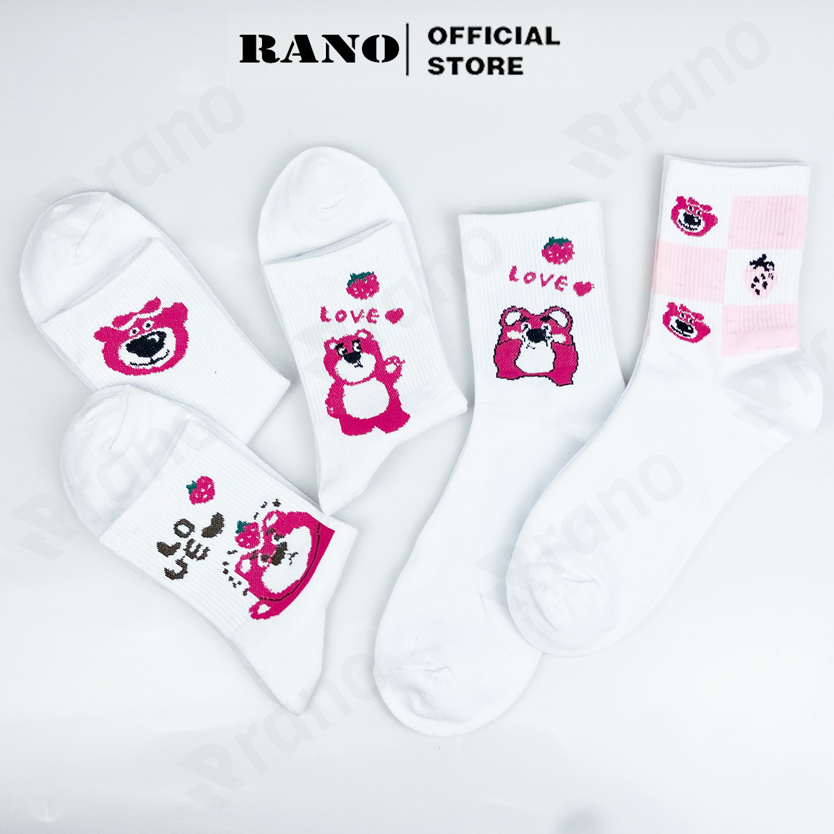 Tất nữ cổ cao họa tiết gấu dâu tây hồng RANO cotton màu trắng dễ thương hàn quốc đáng yêu