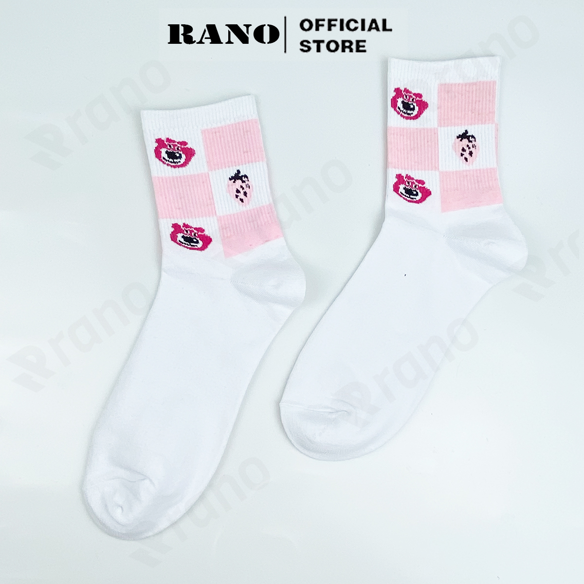Tất nữ cổ cao họa tiết gấu dâu tây hồng RANO cotton màu trắng dễ thương hàn quốc đáng yêu