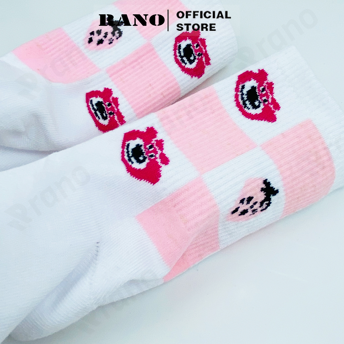 Tất nữ cổ cao họa tiết gấu dâu tây hồng RANO cotton màu trắng dễ thương hàn quốc đáng yêu