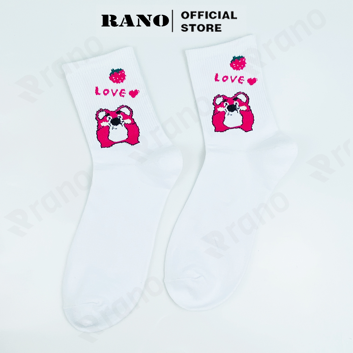 Tất nữ cổ cao họa tiết gấu dâu tây hồng RANO cotton màu trắng dễ thương hàn quốc đáng yêu