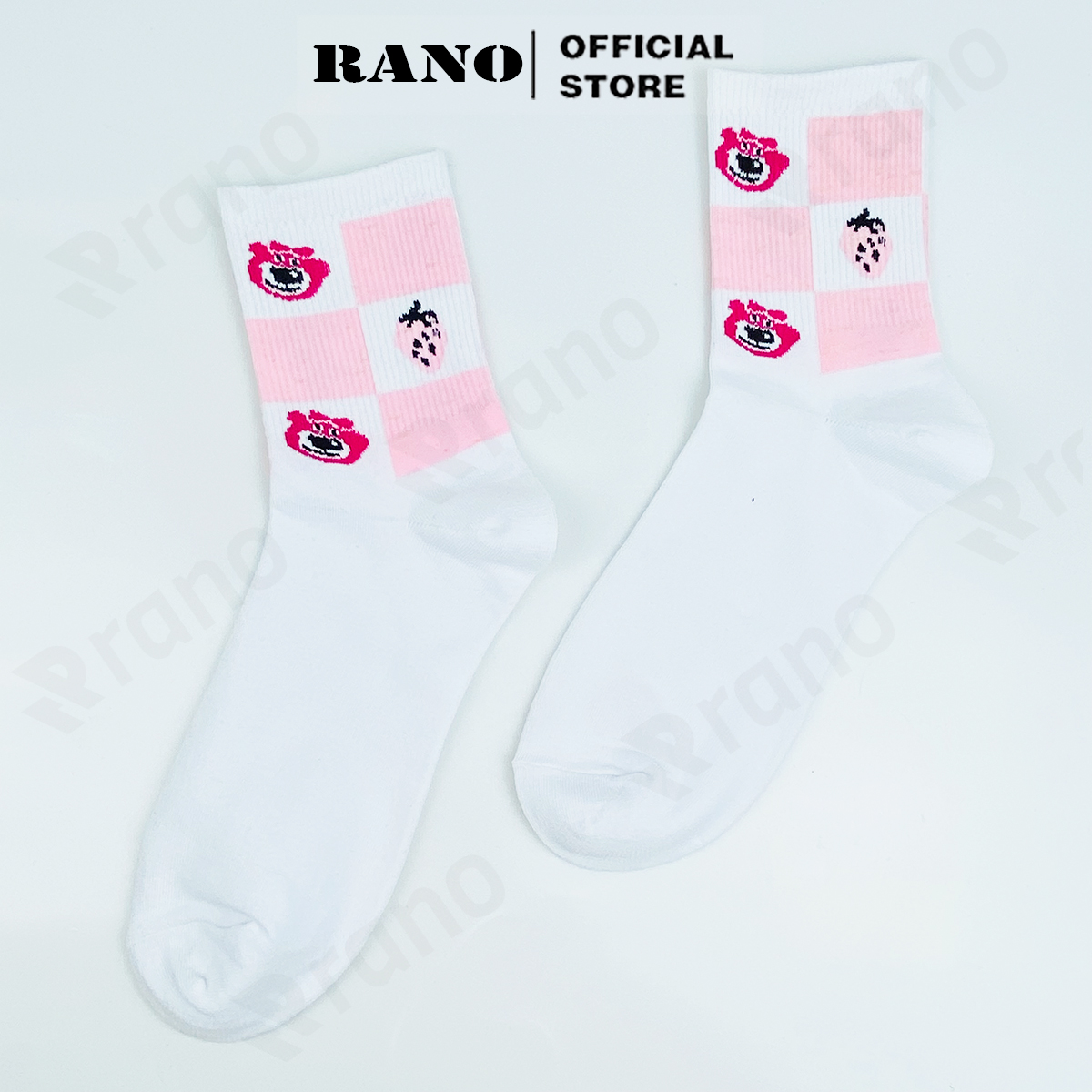 Tất nữ cổ cao họa tiết gấu dâu tây hồng RANO cotton màu trắng dễ thương hàn quốc đáng yêu