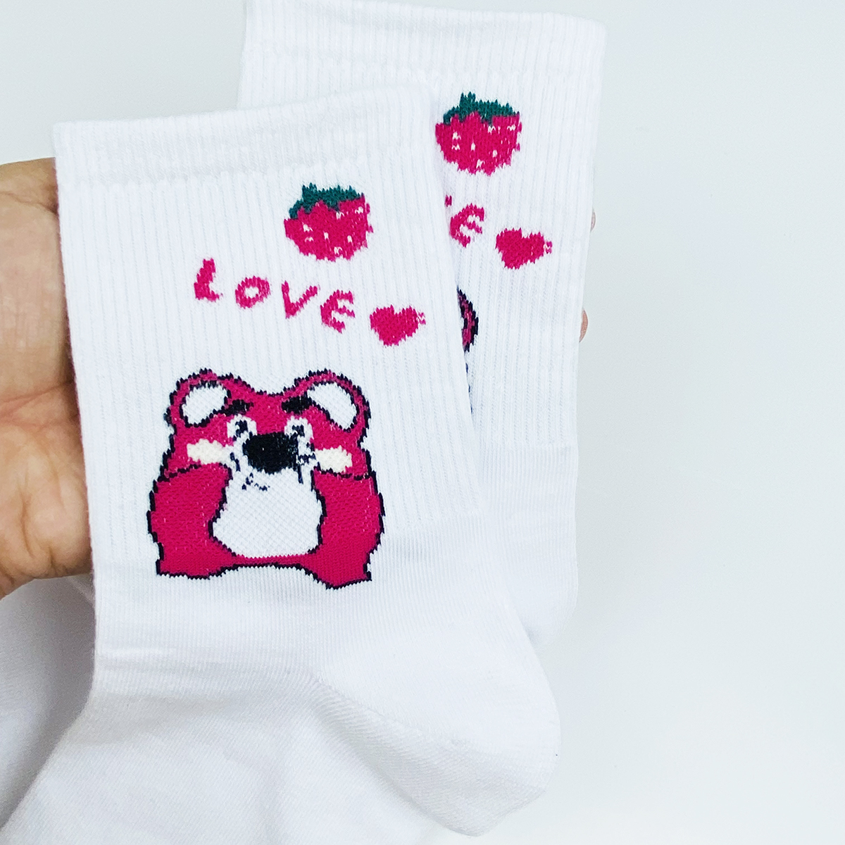 Tất nữ cổ cao họa tiết gấu dâu tây hồng RANO cotton màu trắng dễ thương hàn quốc đáng yêu