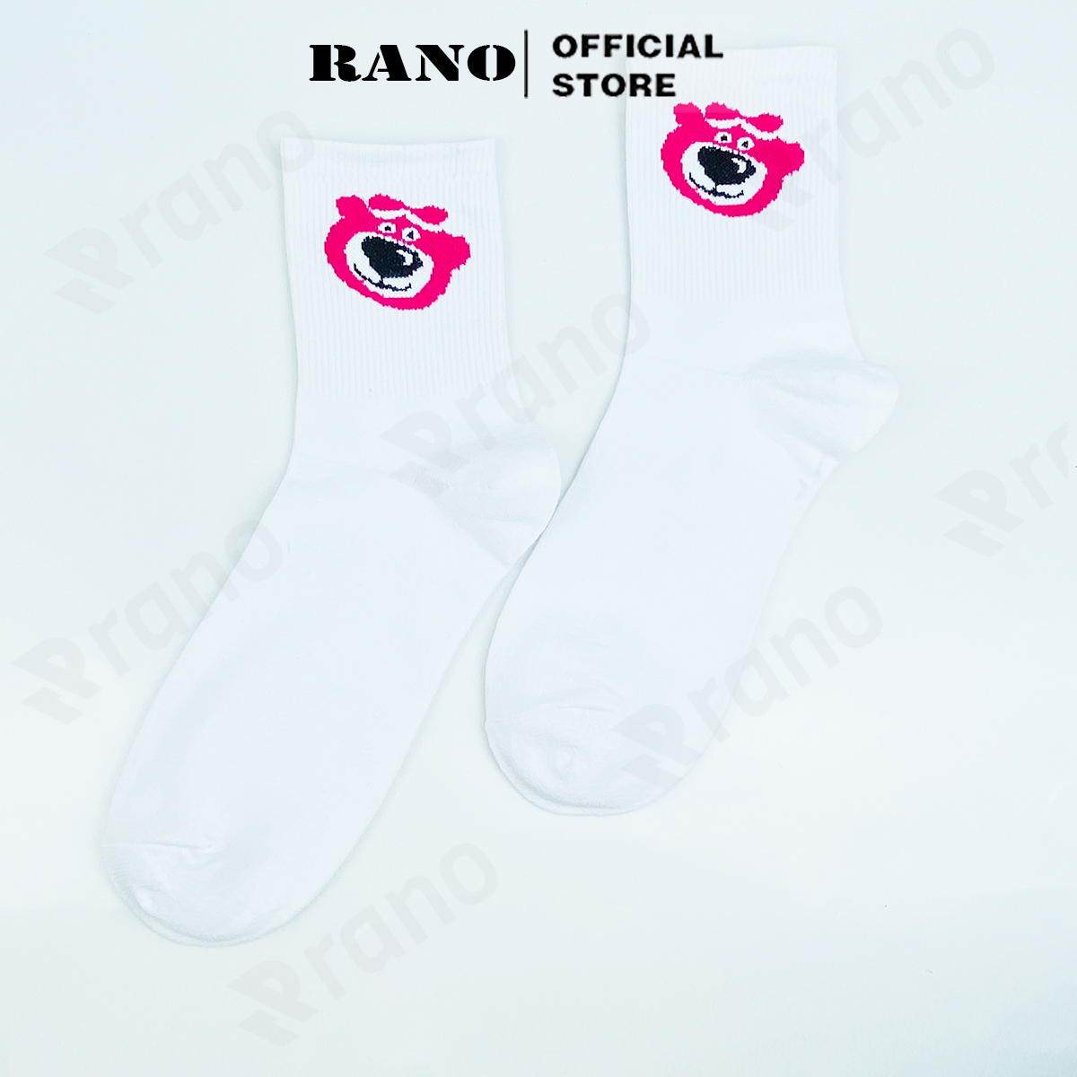 Tất nữ cổ cao họa tiết gấu dâu tây hồng RANO cotton màu trắng dễ thương hàn quốc đáng yêu