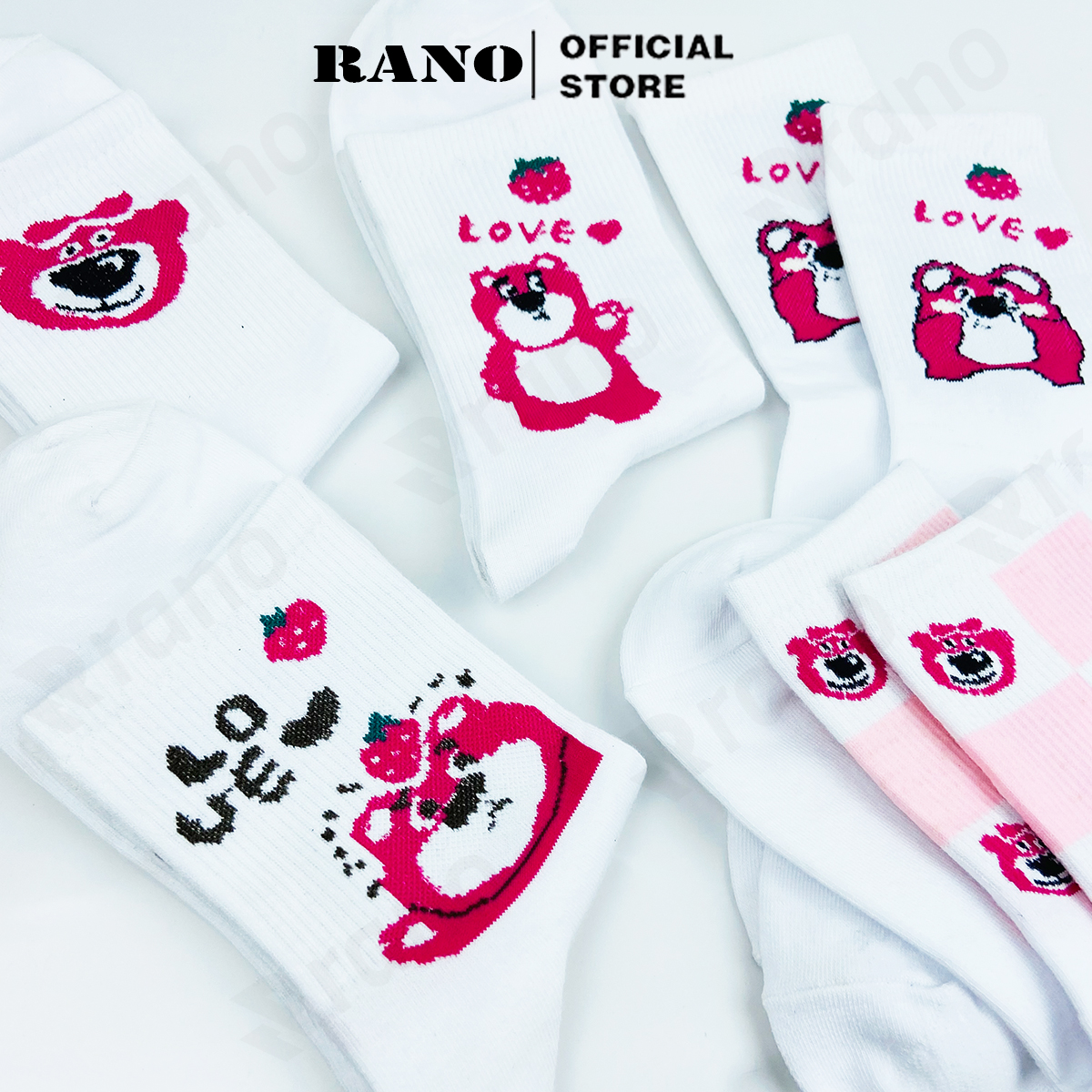 Tất nữ cổ cao họa tiết gấu dâu tây hồng RANO cotton màu trắng dễ thương hàn quốc đáng yêu