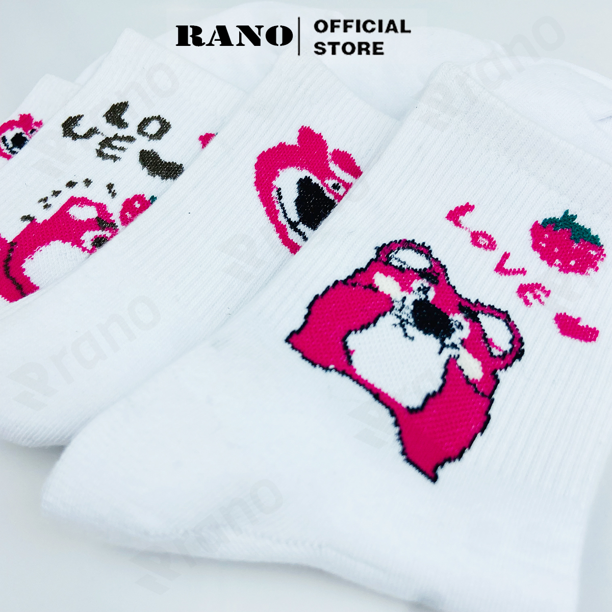 Tất nữ cổ cao họa tiết gấu dâu tây hồng RANO cotton màu trắng dễ thương hàn quốc đáng yêu