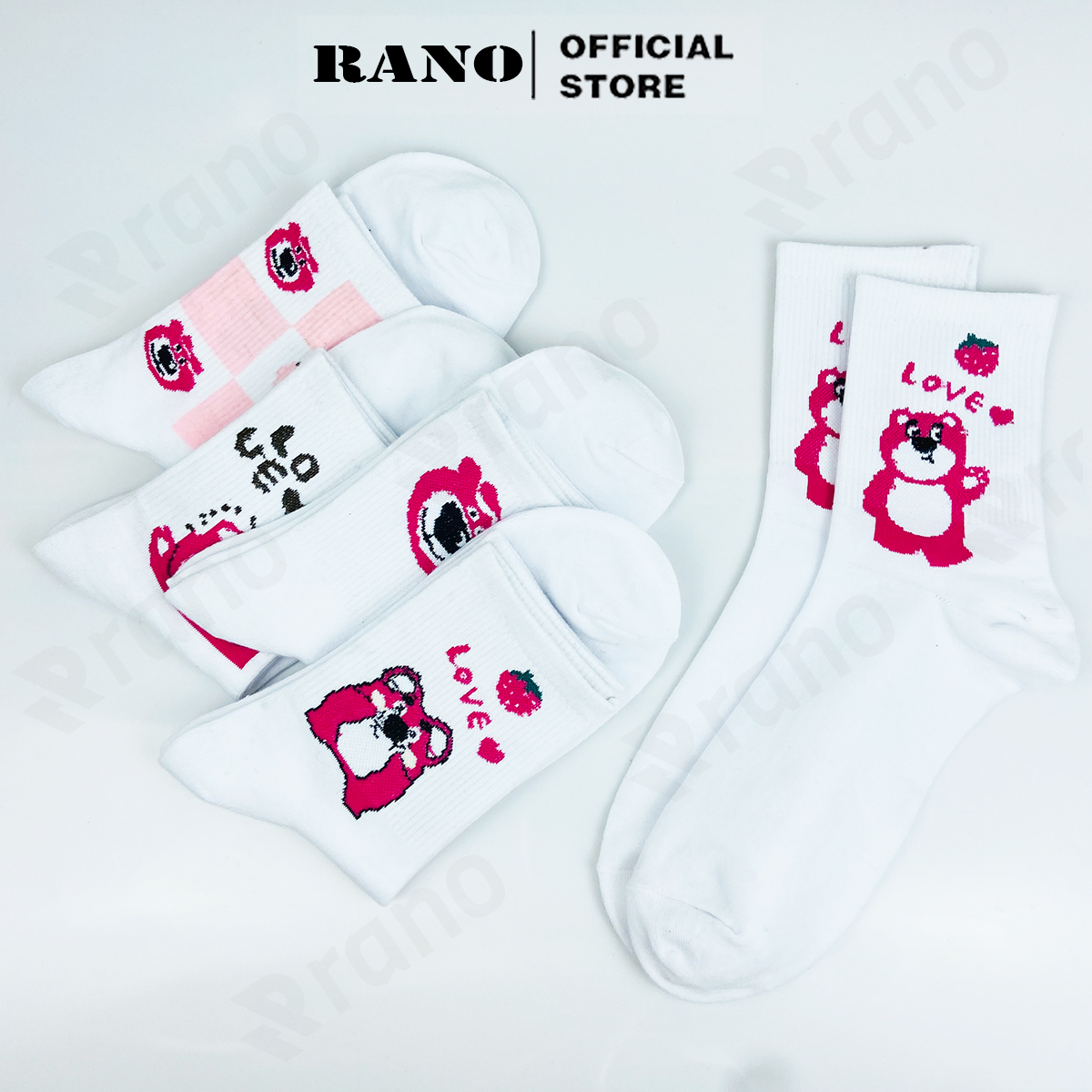 Tất nữ cổ cao họa tiết gấu dâu tây hồng RANO cotton màu trắng dễ thương hàn quốc đáng yêu