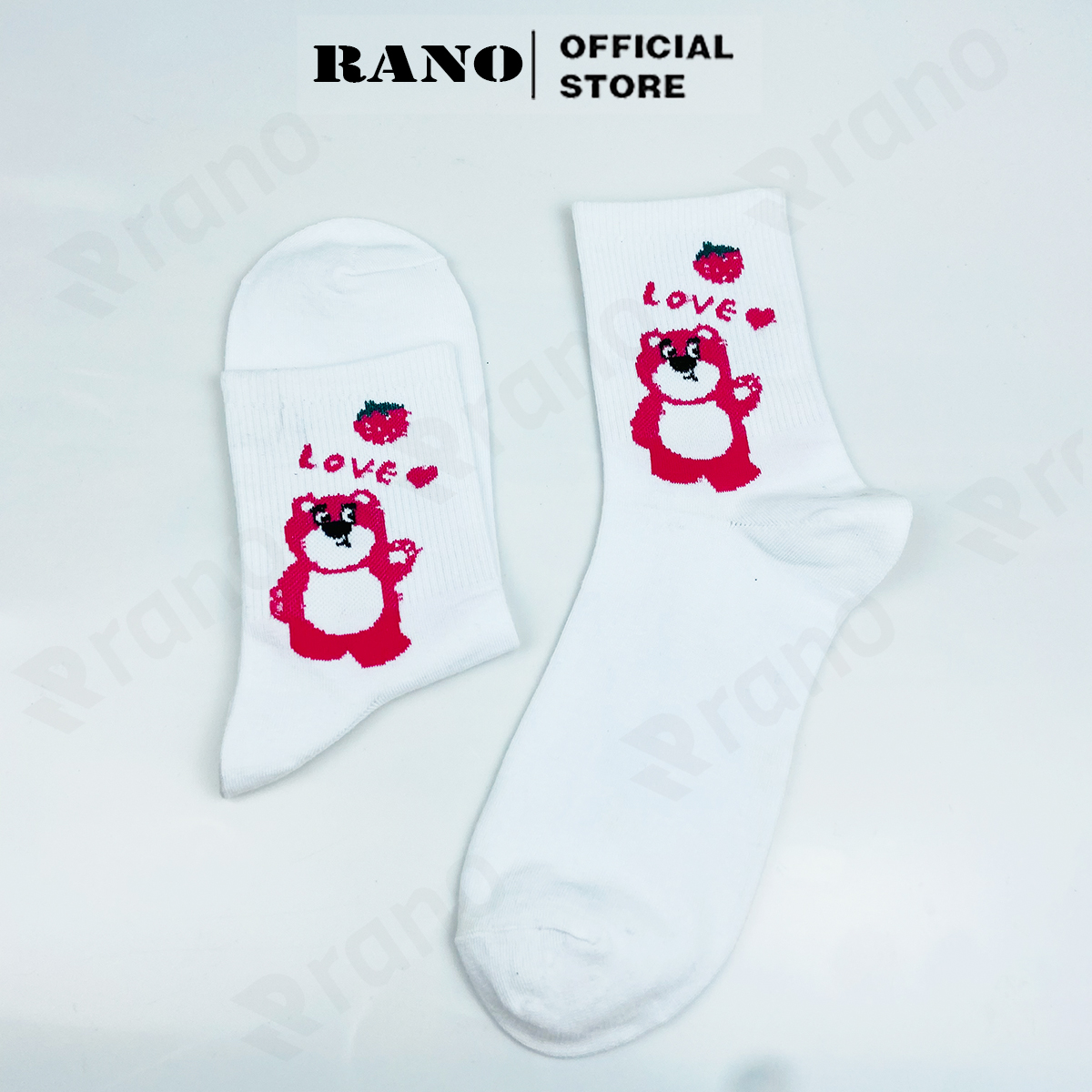 Tất nữ cổ cao họa tiết gấu dâu tây hồng RANO cotton màu trắng dễ thương hàn quốc đáng yêu