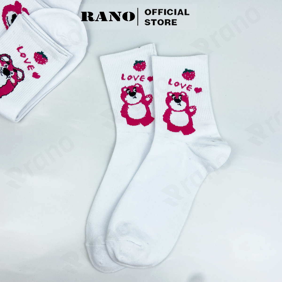 Tất nữ cổ cao họa tiết gấu dâu tây hồng RANO cotton màu trắng dễ thương hàn quốc đáng yêu