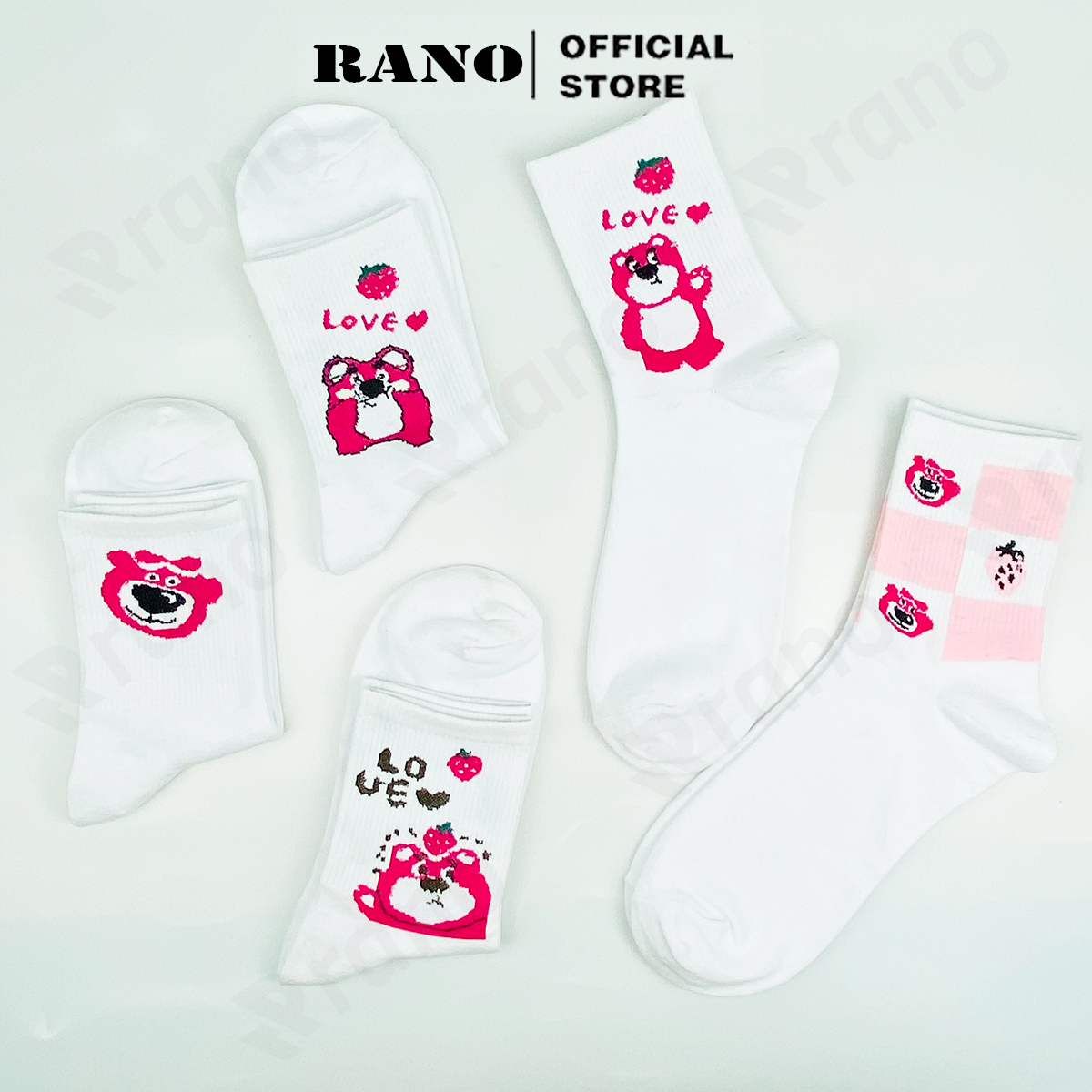 Tất nữ cổ cao họa tiết gấu dâu tây hồng RANO cotton màu trắng dễ thương hàn quốc đáng yêu