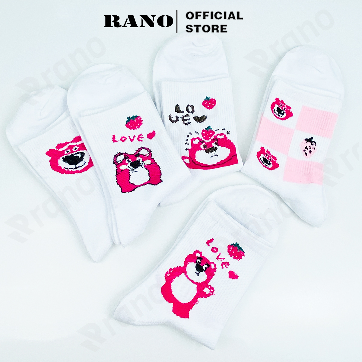Tất nữ cổ cao họa tiết gấu dâu tây hồng RANO cotton màu trắng dễ thương hàn quốc đáng yêu