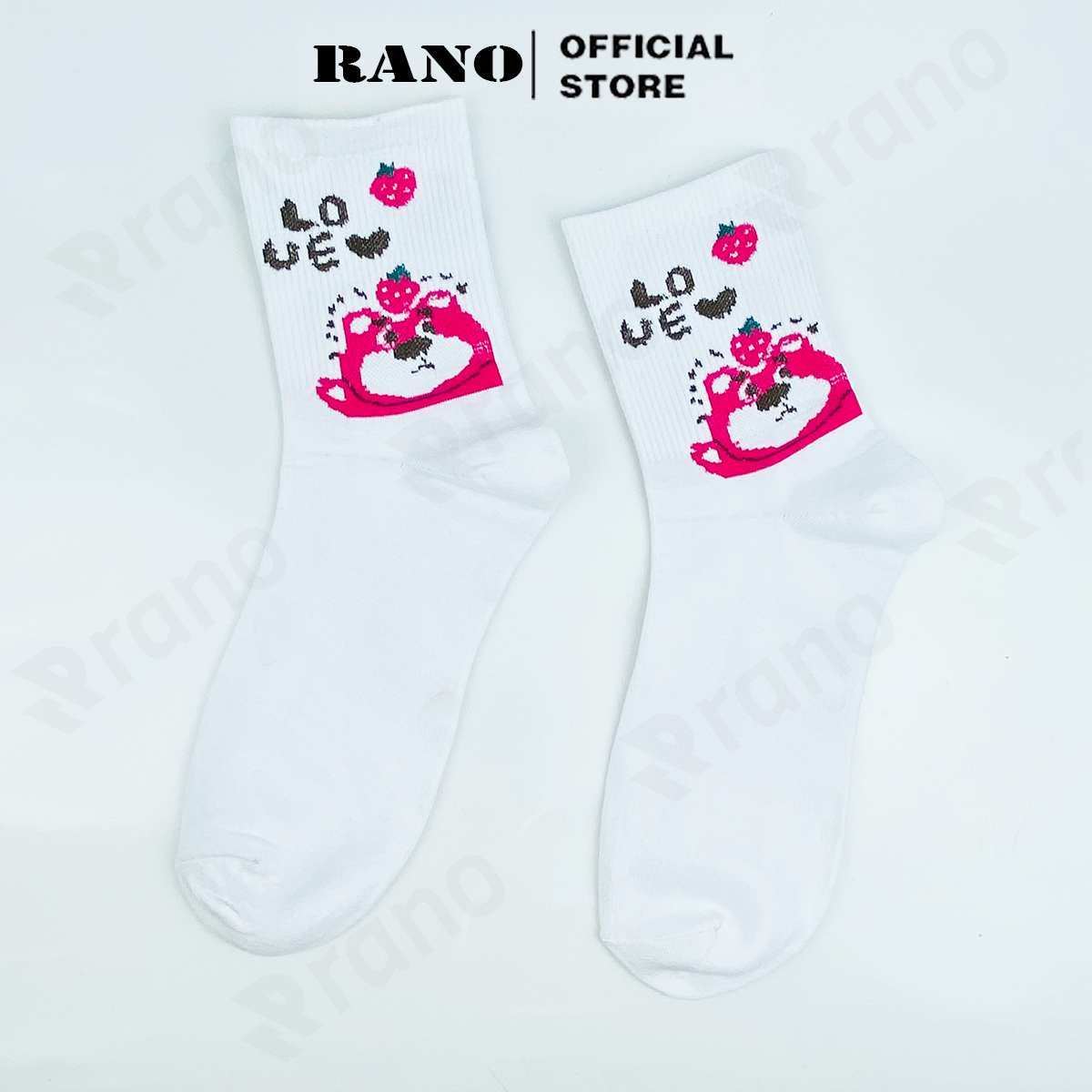 Tất nữ cổ cao họa tiết gấu dâu tây hồng RANO cotton màu trắng dễ thương hàn quốc đáng yêu