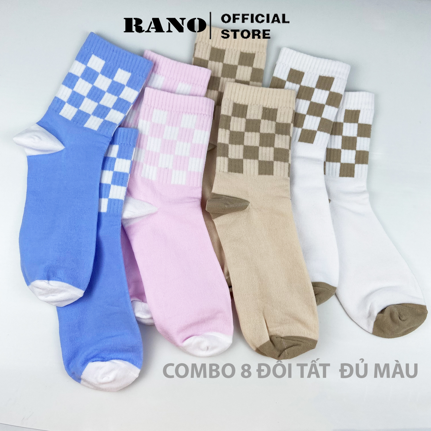 Tất vớ nam nữ cổ cao RANO thể thao trắng nâu hồng xanh sọc ca rô Unisex thời trang Hàn Quốc SOC_CARO